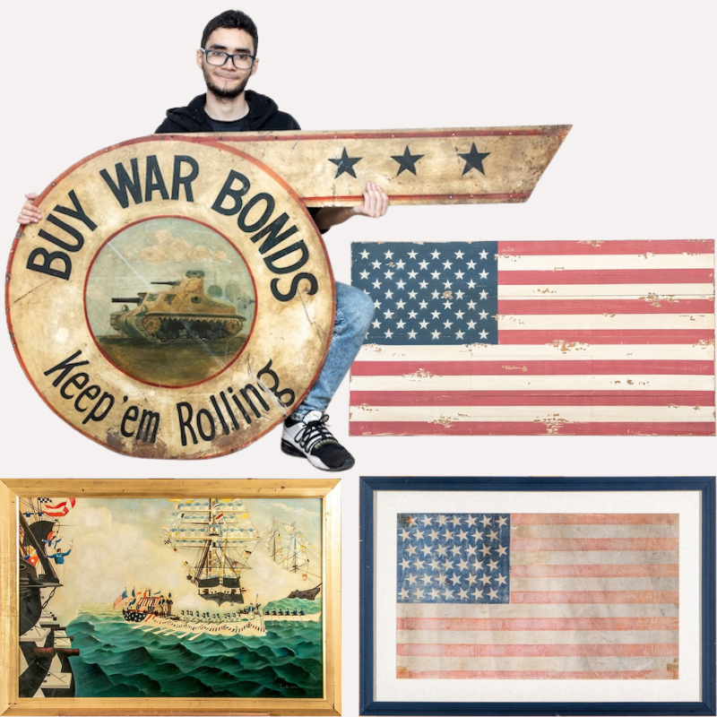 Various patriotic themed Americana examples including a Buy War Bonds sign, two American flags of different eras, and a US naval seascape painting
